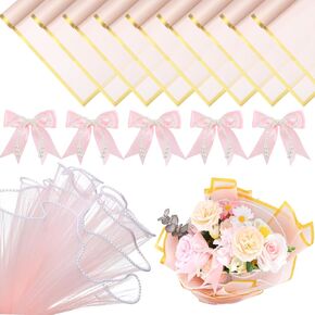 Honeydak 28 Pcs Pink Pearl Bows for Flower Bouquets Kit Wedding Bouquet Arrangement 20 Sheet Waterproof Floral Paper 3 Pcs 12 Yard Flower Wrapping Mesh Paper 5 Pearl Bow for Birthday Party Gift DIY