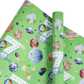 RUSPEPA 10th Birthday Wrapping Paper - Mini Roll - Universe and Planet Pattern with 10" Design, Blue Gift Wrap Paper Great for Boy's Birthday, Party and More - 17 inches x 16.4 feet - 10 Years Old
