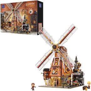 Steampunk Windmill Workshop Building Set - Dutch Windmill Architecture with Mechanical Drive with Motorized Rotating Blades,Gear Details,and Openable Wall - Collectible Display Kit for Adults
