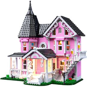 Pink Palace House Building Set with Lights, Halloween Haunted House Blocks Toy, Halloween House Kit for Kids Adults,Christmas for Girls and Boys, Aged 8+ (1349PCS)