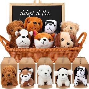 27 Pcs Adopt a Pet Party Favors Mini Stuffed Dog Animal Set 12 Mini Plush Dogs 12 Kraft Paper Boxes Bamboo Basket Chalkboard Sign Chalk Marker for Adopt a Puppy Birthday Party Gift(Stylish)