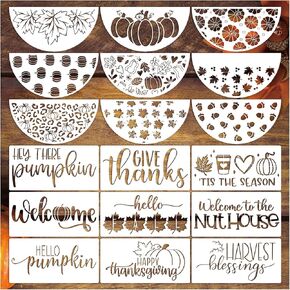 18 Pieces Fall Stencils for Painting on Wood, Reusable Pumpkin Fall Leaves Drawing Templates Autumn Thanksgiving Stencil for Door Hanger Wreath Door Mat (18 Fall)