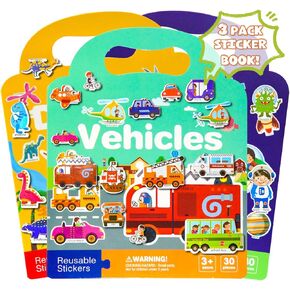3 Pack Reusable Sticker Books for Kids, Waterproof Puffy Stickers - Match The Shape and DIY Scene, Toddler Travel Essential Quiet Time Activities Toys - Ocean, Vehicles and Space (2-6 Age)
