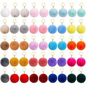 BetterJonny 50 Pcs Colorful Poms Keychains, 2.4inch Faux Fur Ball Multicolor Fluffy Ball Faux Fur Keyring Pom Pom Puff Ball with Keychain for DIY keychain Women Pendant Accessories