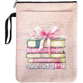 Pink Bow & Vintage Book Stack Sleeve - Romantic Reading Accessory for Women | Waterproof Zippered Cover (Gifts for Book Lovers/Birthday)
