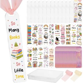 60 Pcs Acrylic Bookmark Blanks - 15 Clear Acrylic Bookmarks, 15 Pink Bow UV DTF Stickers, 15 Ribbons, 15 Bags, Bookmark Making Kit DIY Craft, Suprise Readers Gifts