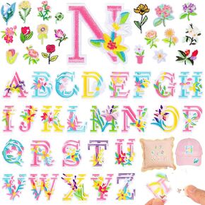 NICEVINYL Flower Self-Adhesive Letter Patches: 2inch 52pcs Self Adhesive Floral Varsity Letter Patch for Girls DIY Decor - Flowers Stick on Initial Embroidered Patch for Bags Backpack Hats