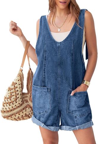 Glamaker Womens Casual Sleeveless V Neck Denim Romper Overall Shorts Summer Jean Romper Denim Outfit With Pocket in Kuwait