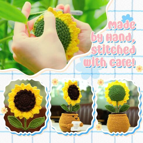 الدعم العاطفي دمية عباد الشمس الكروشيه - هدية تأكيد إيجابي مصنوعة يدويًا للنساء والأصدقاء وزملاء العمل والمعلمين - رفعت زهرة التشجيع في وعاء الغزل in Kuwait