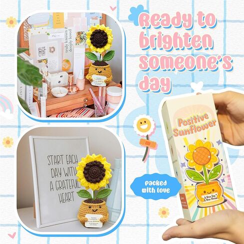 الدعم العاطفي دمية عباد الشمس الكروشيه - هدية تأكيد إيجابي مصنوعة يدويًا للنساء والأصدقاء وزملاء العمل والمعلمين - رفعت زهرة التشجيع في وعاء الغزل in Kuwait