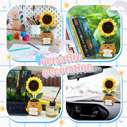 الدعم العاطفي دمية عباد الشمس الكروشيه - هدية تأكيد إيجابي مصنوعة يدويًا للنساء والأصدقاء وزملاء العمل والمعلمين - رفعت زهرة التشجيع في وعاء الغزل in Kuwait