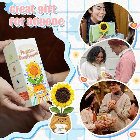 الدعم العاطفي دمية عباد الشمس الكروشيه - هدية تأكيد إيجابي مصنوعة يدويًا للنساء والأصدقاء وزملاء العمل والمعلمين - رفعت زهرة التشجيع في وعاء الغزل in Kuwait