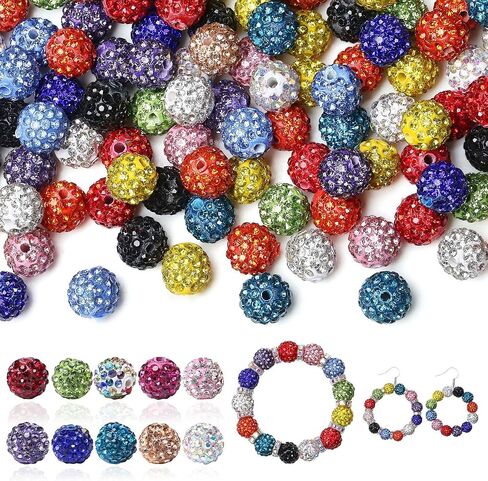 LAIDANLA 120pcs 10mm 12 Mixed Colors Rhinestone Beads Baseball Beads for Crafting, Shiny Round Shamballa Disco Beads, Sparkle Clay Bead Bulk for Bracelet Necklace Earring Jewelry Making DIY in Kuwait