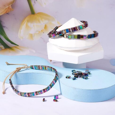 Pandahall 480Pcs Hematite Stone Tila Rainbow Hematite Flat Rectangle Spacer Loose Beads 2 Sizes for Multi-Strand Bracelet Necklace Earrings in Saudi Arabia