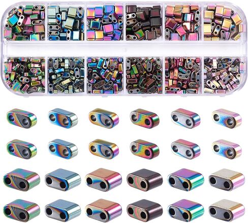 Pandahall 480Pcs Hematite Stone Tila Rainbow Hematite Flat Rectangle Spacer Loose Beads 2 Sizes for Multi-Strand Bracelet Necklace Earrings in Saudi Arabia