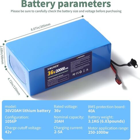 36V Battery 20Ah Ebike Battery 36V Lithium Battery 20Ah Electric with 2A Charger, T-Plug to XT60 Connector and 40A BMS for 250-1000W Electric Bicycles Motor and Scooter in Saudi Arabia
