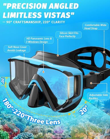 مجموعة Greatever Snorkel Set Pano 3 Window قناع الغطس للبالغين، رؤية بانورامية واسعة، قناع غوص مضاد للضباب، نظارات غطس مضادة للتسرب، غطس علوي جاف، معدات الغطس الاحترافية للبالغين in Kuwait