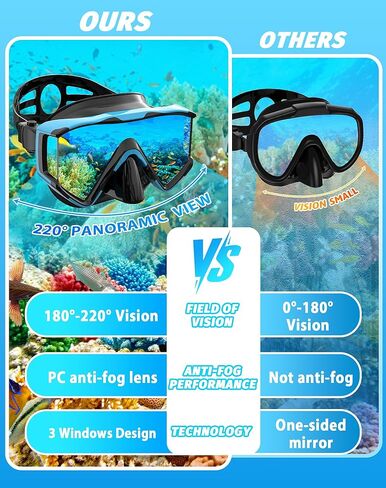 مجموعة Greatever Snorkel Set Pano 3 Window قناع الغطس للبالغين، رؤية بانورامية واسعة، قناع غوص مضاد للضباب، نظارات غطس مضادة للتسرب، غطس علوي جاف، معدات الغطس الاحترافية للبالغين in Kuwait
