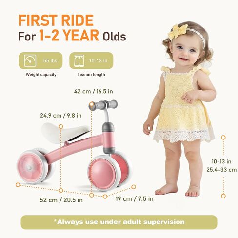 Colorful Lighting Baby Balance Bike, 1st Birthday Girl Gifts with 4 Silent Wheels & Soft Seat, Balance Bike 1 Year Old No Pedal, 12-24 Months Toddler Ride-on Toys, Baby Walker for Girls Boys, Pink in Saudi Arabia