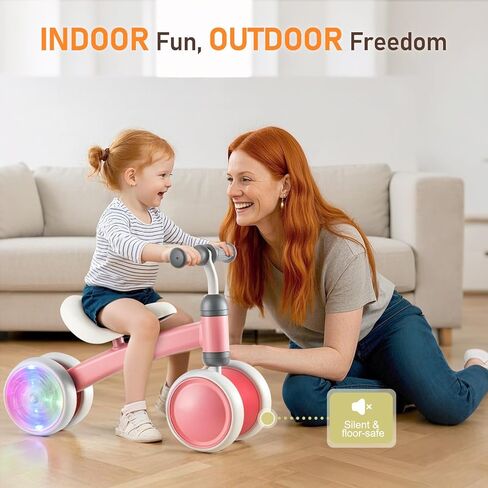 Colorful Lighting Baby Balance Bike, 1st Birthday Girl Gifts with 4 Silent Wheels & Soft Seat, Balance Bike 1 Year Old No Pedal, 12-24 Months Toddler Ride-on Toys, Baby Walker for Girls Boys, Pink in Saudi Arabia
