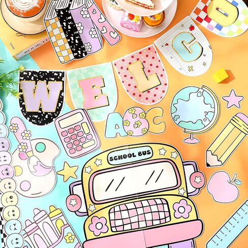 Welcome Back to School Bulletin Board Set First Day of School Classroom Decorations Welcome Banner Cutouts Bulletin Board Border Set for Classroom Chalkboard Wall Decor(Composition Notebook) in Saudi Arabia