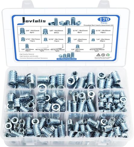 170PCS Threaded Inserts Nuts, Wood Inserts Assortment Kit, Steel Threaded Inserts for Wood Furniture Screw-1/4"-20, 5/16"-18, 3/8"-16 Threaded Inserts Kit with 3PCS Hex Wrench in Saudi Arabia