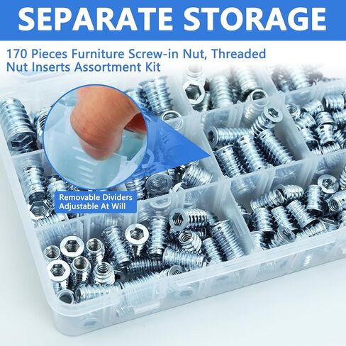 170PCS Threaded Inserts Nuts, Wood Inserts Assortment Kit, Steel Threaded Inserts for Wood Furniture Screw-1/4"-20, 5/16"-18, 3/8"-16 Threaded Inserts Kit with 3PCS Hex Wrench in Saudi Arabia