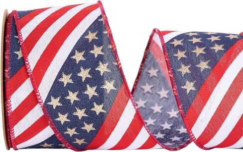 Patriotic Glitter Stars Wired Ribbon, 4th of July Red Navy Blue and Gold Stars Pattern Design, 2.5 Inch*10 Yards, Red White Blue Independence Day Decoration for Veterans Day,Holiday Decor (Ivory) in Kuwait