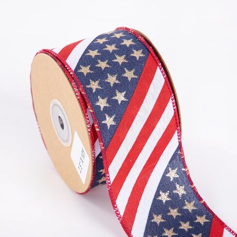 Patriotic Glitter Stars Wired Ribbon, 4th of July Red Navy Blue and Gold Stars Pattern Design, 2.5 Inch*10 Yards, Red White Blue Independence Day Decoration for Veterans Day,Holiday Decor (Ivory) in Kuwait