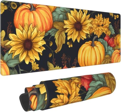 Fall Pumpkin Sunflower Mouse Pad 31.5x11.8 XL Autumn Leaf Floral Watercolor Extended Mousepad Large Keyboard Mouse Mat Desk Pad with Non-Slip Rubber Base Stitched Edges for Home Office Game in Kuwait