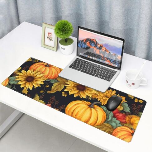 Fall Pumpkin Sunflower Mouse Pad 31.5x11.8 XL Autumn Leaf Floral Watercolor Extended Mousepad Large Keyboard Mouse Mat Desk Pad with Non-Slip Rubber Base Stitched Edges for Home Office Game in Kuwait