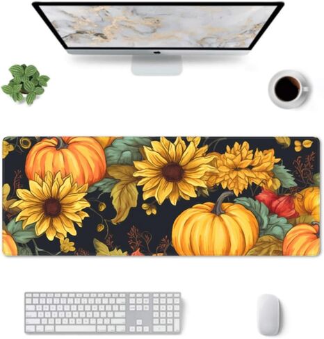 Fall Pumpkin Sunflower Mouse Pad 31.5x11.8 XL Autumn Leaf Floral Watercolor Extended Mousepad Large Keyboard Mouse Mat Desk Pad with Non-Slip Rubber Base Stitched Edges for Home Office Game in Kuwait
