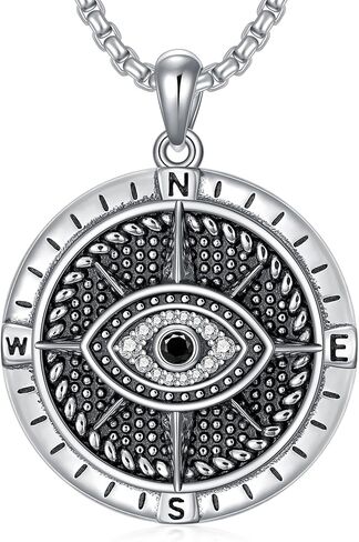 Dog Tag Compass Necklace for Men Women 925 Sterling Silver Dog Tag Pendant Necklace Compass Necklace with 22"+2" Chain Fathers Day Graduation Gifts Birthday Gifts Anniversary Christmas Gifts in Saudi Arabia