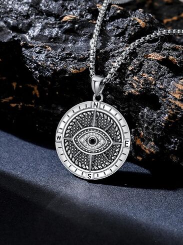 Dog Tag Compass Necklace for Men Women 925 Sterling Silver Dog Tag Pendant Necklace Compass Necklace with 22"+2" Chain Fathers Day Graduation Gifts Birthday Gifts Anniversary Christmas Gifts in Saudi Arabia