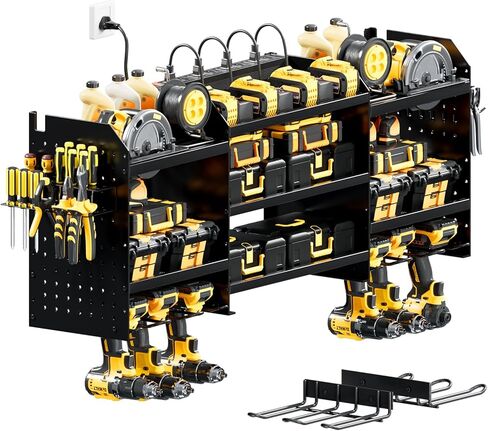 Upgrade Large Power Tool Organizer Wall Mount with Charging Station Tool Storage Rack with 6.5FT Power Strip 10 Drill Holder and Storage Rack for Garage Organization in Kuwait