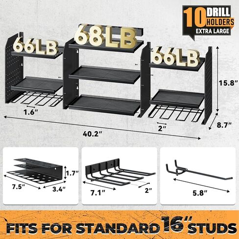 Upgrade Large Power Tool Organizer Wall Mount with Charging Station Tool Storage Rack with 6.5FT Power Strip 10 Drill Holder and Storage Rack for Garage Organization in Kuwait