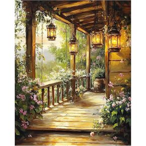 KEYIFA Paint by Numbers Kits for Adults, Wooden Porch Paint by Number, DIY Oil Digital Painting Lantern, Easy Acrylic Painting Kit Canvas, with Brushes, Art Crafts Gifts for Wall Decor 16x20 in