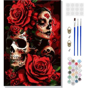 DOMROM Framed Paint by Numbers Kit for Adults Beginners with Wooden Easel, Halloween Skull Paint by Number Kit on Canvas, DIY Oil Painting Kits for Home Wall Decor Gift 8x12in