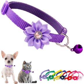 Purple Bell Collar for Small Dogs with Flower, Cat Collars with Bell and Floral Girl Puppy Collar Cute Adjustable for XXS XS Extra Small Female Dogs Tiny Pets Little Kitten Yorkie Chihuahua XSmall