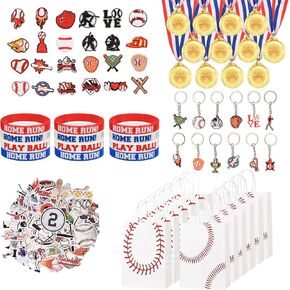 Baseball Party Favors 122Pcs Party Supplies Gifts Include Goodie Bags, Silicone Bracelets, Keychains, Shoe Charms, Medals and Stickers for Baseball Themed Party Favors Supplies Team Gifts
