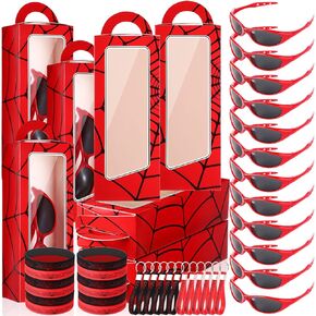 48 Pcs Spider Birthday Party Supplies Favors Gifts Include 12 Spider Web Goodie Gift Boxes 12 Sunglasses 12 Bracelet 12 Keychain for Character Costume Party Decoration Supplies(Red)