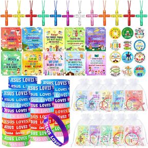 300 Pcs Christian Religious Jesus Gifts Sets Bible Verse Cards Jesus Love You Bracelet Crystal Cross Necklace Christian Button Pins Organza Bags for Baptism Party Favor