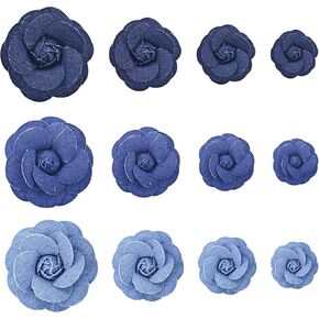 12PCS Fabric Flower Blue Denim Cloth Flowers Denim Ribbon Fabric Flowers for Dresses Decoration DIY Crafts
