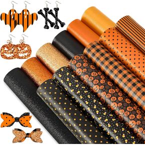 Whaline Halloween Faux Leather Sheets 8 x 12 Inch Pumpkin Plaid Dots Stripe Synthetic Leather Fabric Glittery Black Orange Faux Leather for Halloween DIY Craft Earring Hair Bow, 12 Sheet