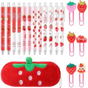 Neptniopllab‌ 19 Pack Strawberry Stationery Set, Included 12 Pieces Cute Fruit Pens 6 Pieces Paper Clips 1 Pc Pencil Holder for Women Student Birthday Back to School Office Supplies