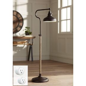 Franklin Iron Works Ferris Industrial Rustic Farmhouse Adjustable Pharmacy Floor Lamp Downbridge 57" Tall Bronze Faux Wood Grain Metal Brown Shade for Living Room Reading House Bedroom Family Home