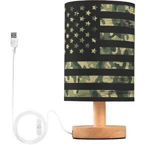 Camo American Flag Bedside Table Lamp, Small LED Desk Light USB Nightstand Lamp with Non Slip Wood Base & Eye-Friendily Lampshade for Living Room Bedroom Dorm Home Office Desk Decor