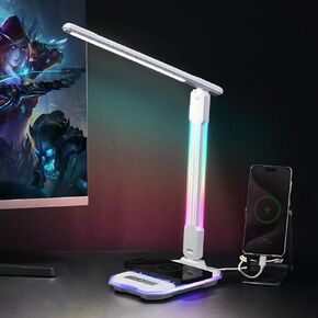 RGB Gaming Desk Lamp with Music Sync,Dimmable LED Lamp with Wireless Charging Station,USB Charging Port,Color Changing Touch Control Light for Gamer Room Decor,Reading,Office,Gift Ideas