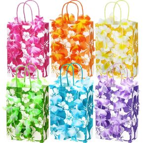 Kolldenn 24 Set Hawaiian Flower Party Favors Include 24 Pcs Hibiscus Paper Bags with Handles and 24 Pcs Tropical Flower Lei Garland for Summer Luau Treat Bags Hawaii Aloha Tiki Party Supplies