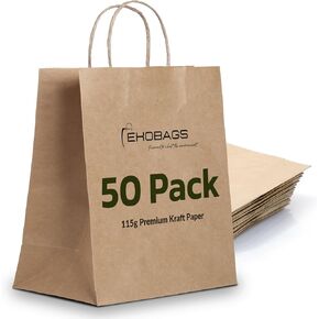 EKOBAGS: Granvia Kraft Paper Gift Bags with Handles | Sturdy Brown Paper Bags Bulk for Retail, Shopping, Party Favors & Small Business | 100% Recyclable & Sustainable | 10x7x12 inches, 50-Pack